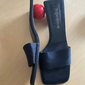 Yves Saint Laurent vintage red ball black satin heel sandals size 8.5